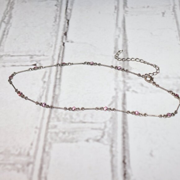 Beautiful silver and pink rhinestone choker necklace 13.5-16.5" - Picture 2 of 5